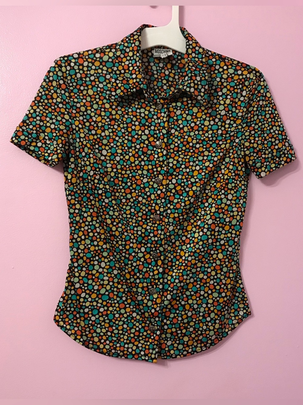 Vintage Moschino MultiColor Polka Dot Short Sleeve Button Down Top size 4